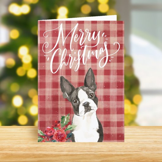 Boston Terrier Red Plaid Kerstmis Feestdagen Kaart