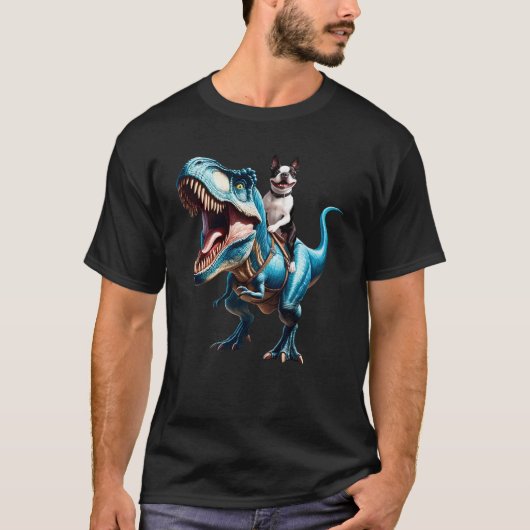 Boston Terrier Riding Dinosaur Funny Lover T-shirt