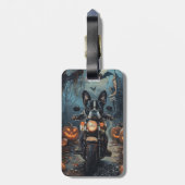 Boston Terrier Riding Motorfiets Halloween Eng Bagagelabel (Achterkant verticaal)