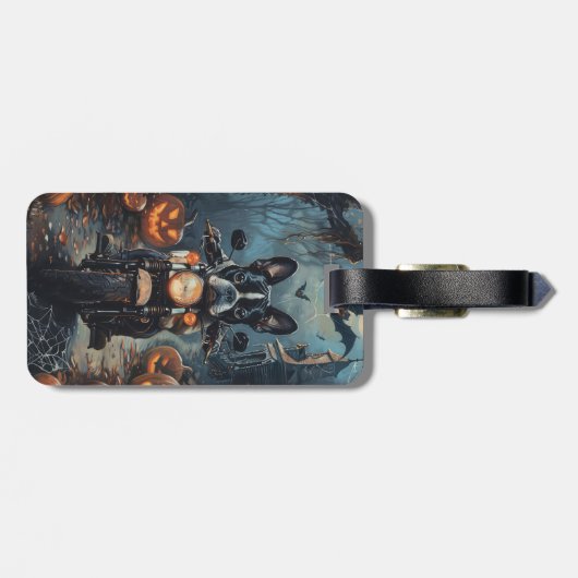 Boston Terrier Riding Motorfiets Halloween Eng Bagagelabel (Achterkant horizontaal)