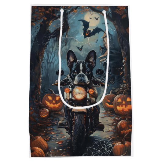 Boston Terrier Riding Motorfiets Halloween Eng Medium Cadeauzakje (Achterkant)