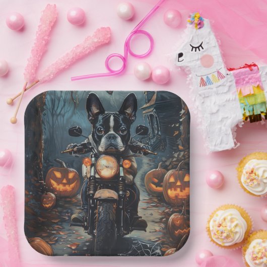 Boston Terrier Riding Motorfiets Halloween Eng Papieren Bordje (Feest)