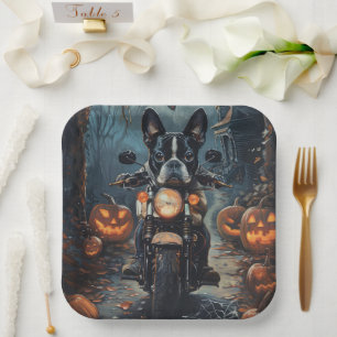 Boston Terrier rijdt op motorfiets Halloween eng Papieren Bordje