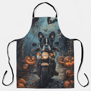 Boston Terrier rijdt op motorfiets Halloween eng Schort