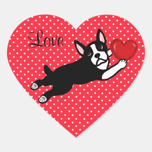 Boston Terrier & Rode Hart Cartoon Liefde Hart Sticker (Voorkant)