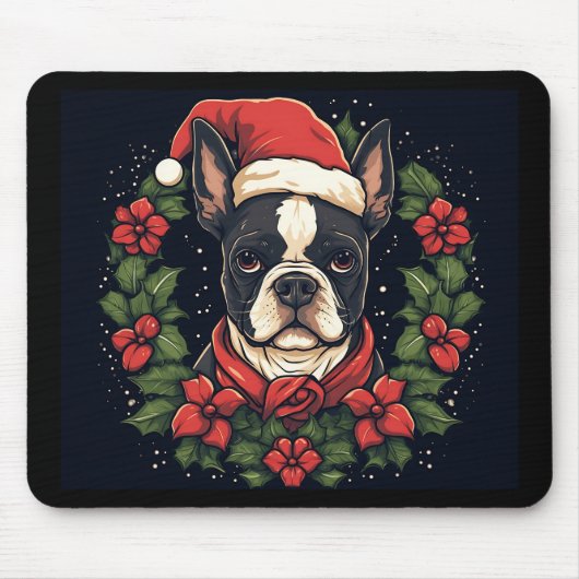 Boston Terrier Santa Hat Holly Kerstmis Muismat (Voorkant)