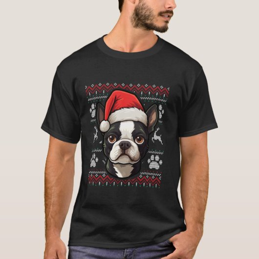 Boston Terrier Santa Hoed Kerstmis Grappige Hond M T-shirt (Voorkant)