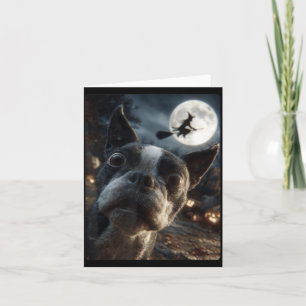 Boston Terrier Selfie Volle Maan Vliegende Heks Kaart