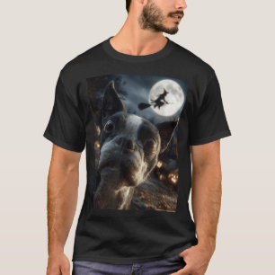 Boston Terrier Selfie Volle Maan Vliegende Heks T-shirt