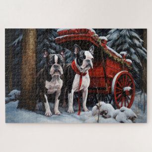 Boston Terrier Sneeuw Slede Kerst Decoratie    Legpuzzel