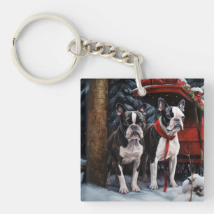 Boston Terrier Sneeuw Slede Kerst Decoratie Sleutelhanger