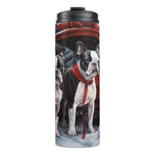 Boston Terrier Sneeuw Slede Kerst Decoratie Thermosbeker