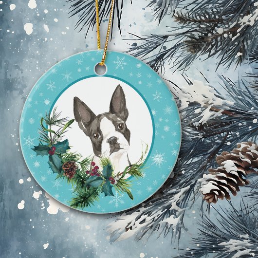 Boston Terrier Snowflake Blue Bouquet Keramisch Ornament