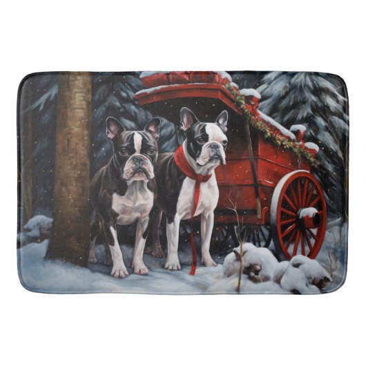 Boston Terrier Snowy Sleigh Kerst Decor Badmat (Voorkant)