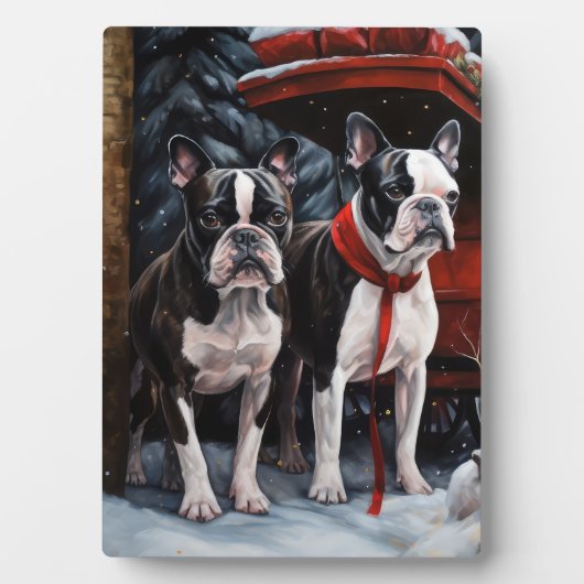 Boston Terrier Snowy Sleigh Kerst Decor Fotoplaat (voorkant)