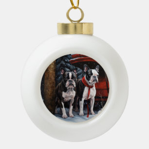 Boston Terrier Snowy Sleigh Kerst Decor Keramische Bal Ornament