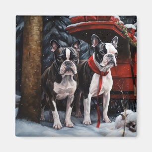 Boston Terrier Snowy Sleigh Kerst Decor Magneet