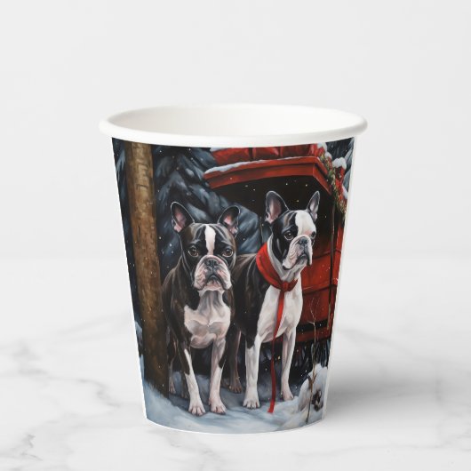 Boston Terrier Snowy Sleigh Kerst Decor Papieren Bekers (Voorkant)