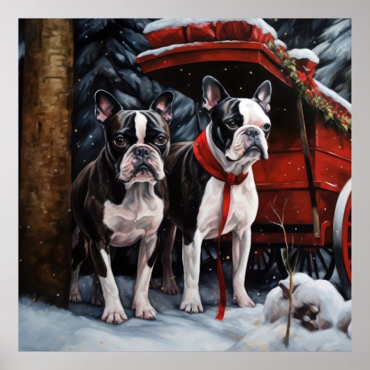 Boston Terrier Snowy Sleigh Kerst Decor Poster (Voorkant)