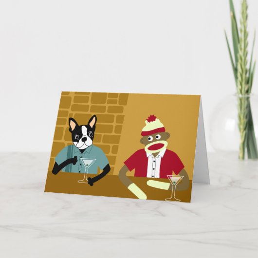 Boston Terrier & Sock Monkey Kaart (Voorkant)