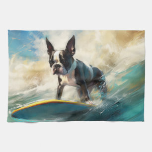Boston Terrier Strand Surfing Schilderij Theedoek