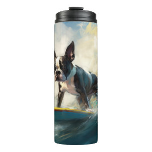 Boston Terrier Strand Surfing Schilderij Thermosbeker
