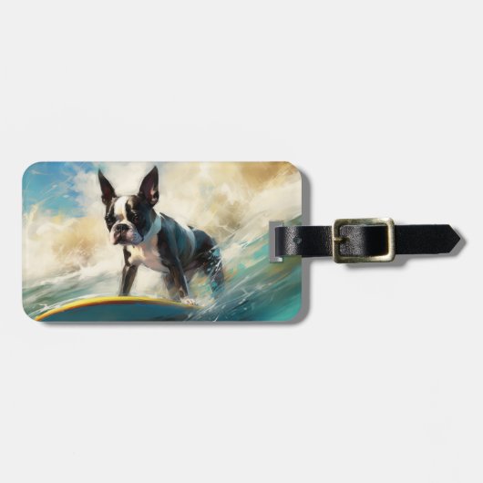 Boston Terrier Surfen Schilderij Bagagelabel (Voorkant horizontaal)
