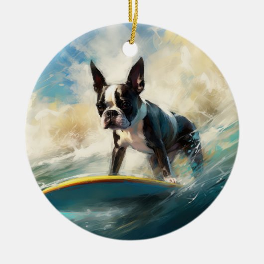 Boston Terrier Surfen Schilderij Keramisch Ornament (Voorkant)
