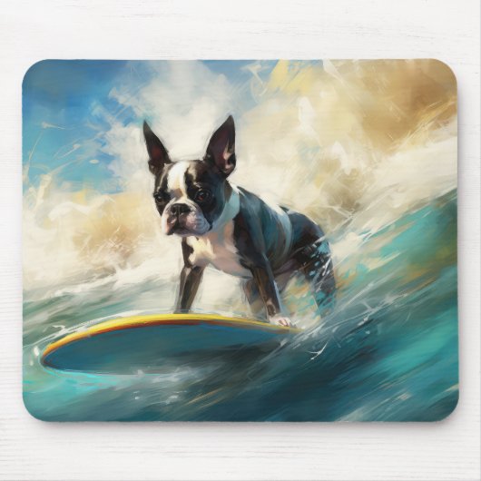 Boston Terrier Surfen Schilderij Muismat (Voorkant)