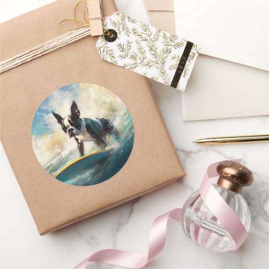 Boston Terrier Surfen Schilderij Ronde Sticker (Geschenken)