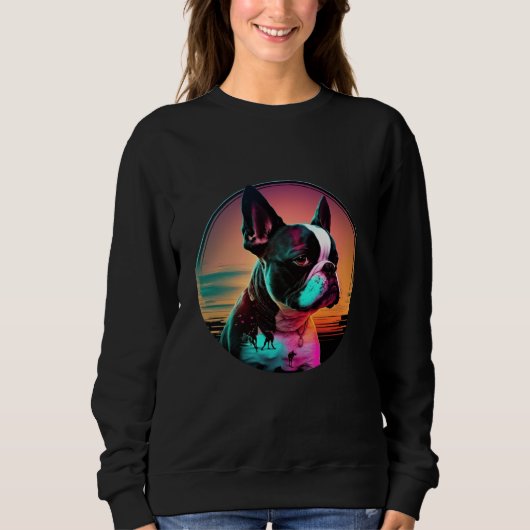 Boston Terrier Synthwave 80s Retrowave Aesthetic   Trui (Voorkant)