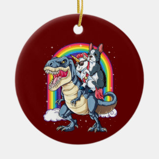 Boston Terrier Unicorn Riding Dinosaur Keramisch Ornament