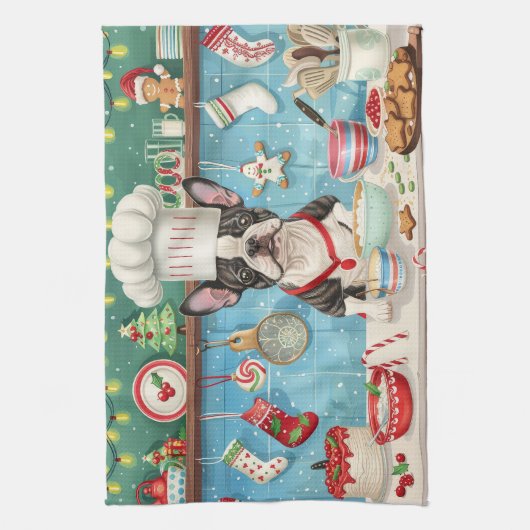 Boston Terrier Vakantie Bakken: Feestelijke Kerstm Theedoek (Verticaal)