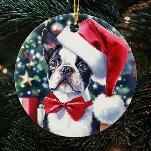 Boston Terrier Waterverf Kerstmis Keramisch Ornament