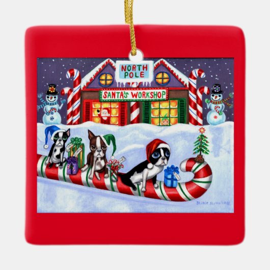 Boston Terriers Candy Cane Santa Kerstman Keramisch Ornament (Voorkant)