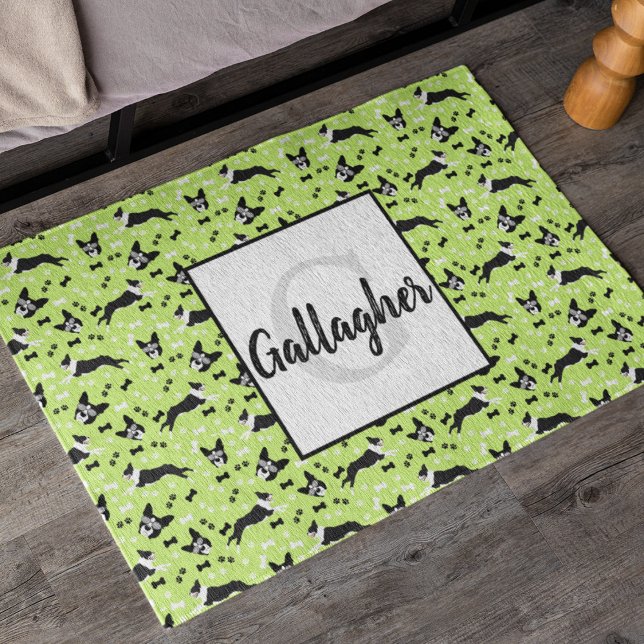 Boston Terriers Dog Green Pattern Deurmat (Boston Terrier Monogram Doormat in Green)
