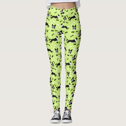 Boston Terriers Green Pattern Leggings (Voorkant)