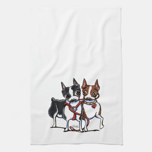 Boston Terriers Leashed Theedoek (Verticaal)