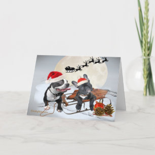 Boston Terriers Santa and Reindeer Card Feestdagen Kaart