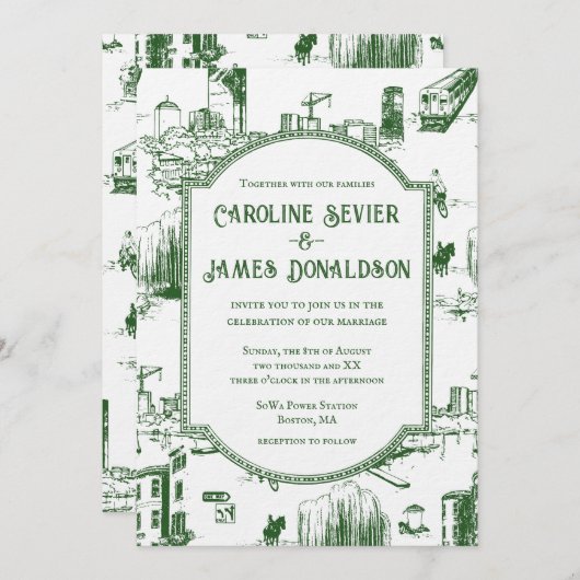 Boston Toile Forest Green Faire-part de mariage (Devant / Derrière)