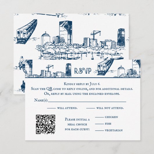 Boston Toile Navy RSVP-kaart Bedankkaart (Voorkant / Achterkant)