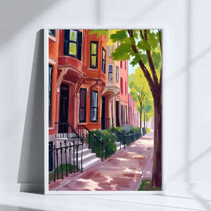 Boston Zomer   Massachusetts Brownstone Huizen Poster
