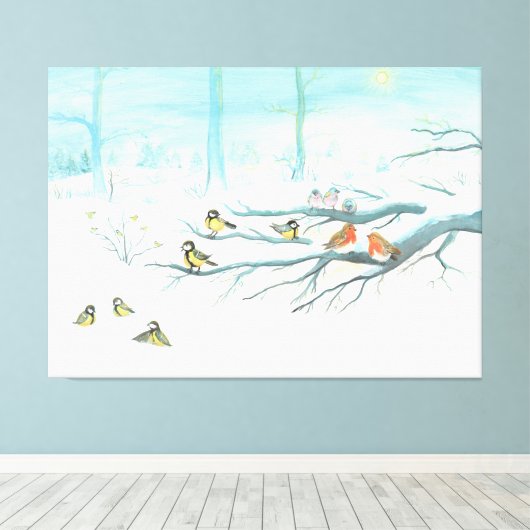 Bosvogels in de winter canvas afdruk (Insitu (Houten vloer))