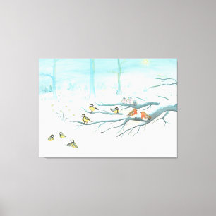 Bosvogels in de winter canvas afdruk
