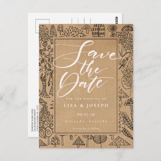 Boswoud Rustieke Kraft Script Save the Date Briefkaart (Voorkant / Achterkant)