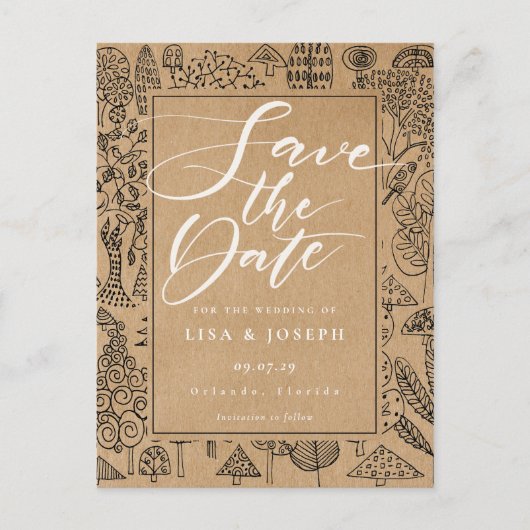 Boswoud Rustieke Kraft Script Save the Date Briefkaart (Voorkant)