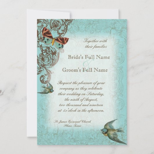 Botanica Wedding Invitation - Aqua Blue Kaart (Voorkant)