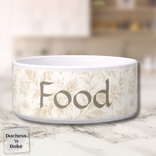 Botanical Bloom Pattern Soft Ivory Pet Voerbakje (Dog Food Bowl with ivory botanical design displayed on marble counter top)