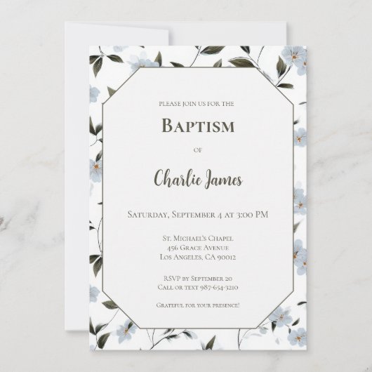 Botanical Blue Green Baptism Invitation (Voorkant)