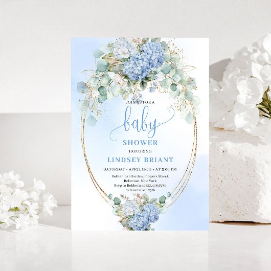 Botanical Blue Hydrangea Eucalyptus Baby Shower  Kaart